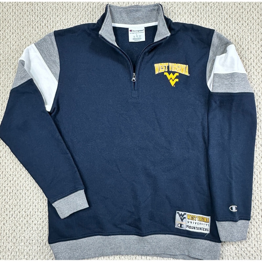 Champion 1/4 Zip Pullover Mens L Navy West Virginia Mountaineers Sweatshirt NCAA